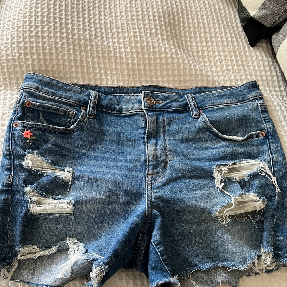 AE Distressed Floral Denim Shorts